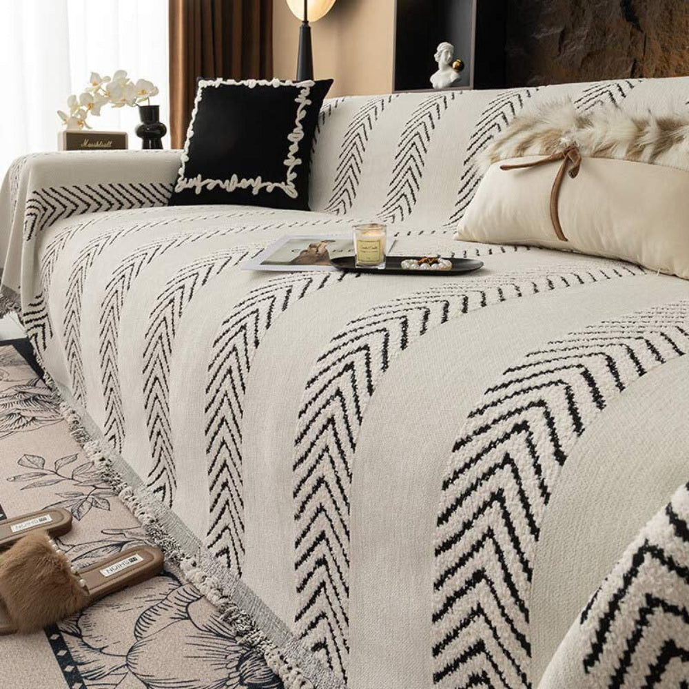 Large Monochrome Jacquard Sofa Blanket for Pet Protection – Cream