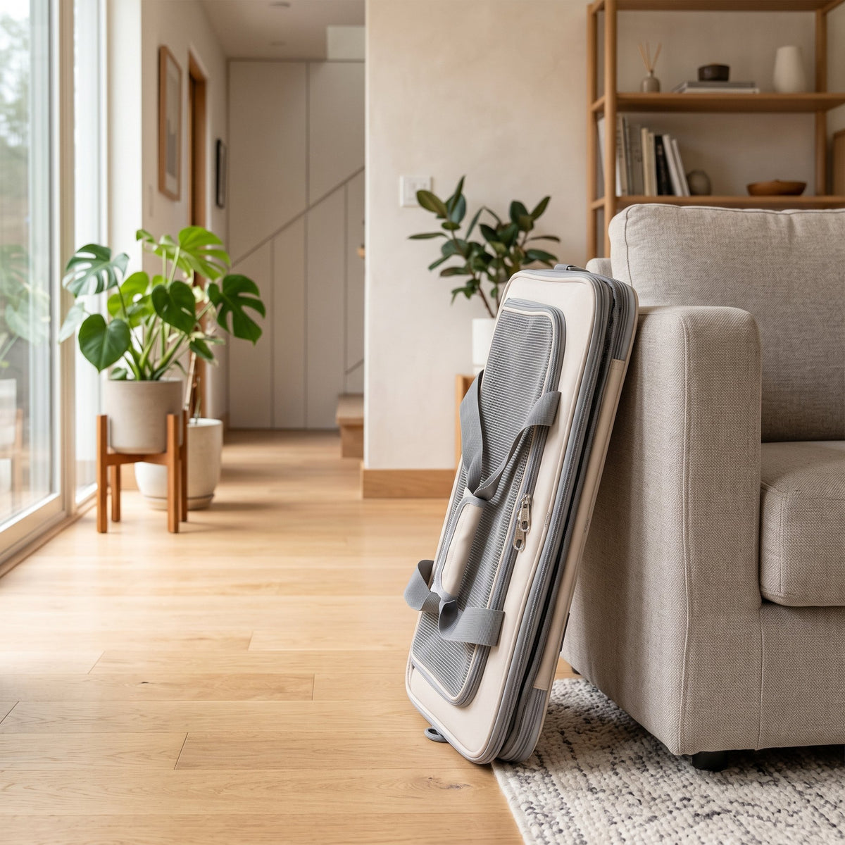 Zupawlio pet carrier folded flat next to a sofa