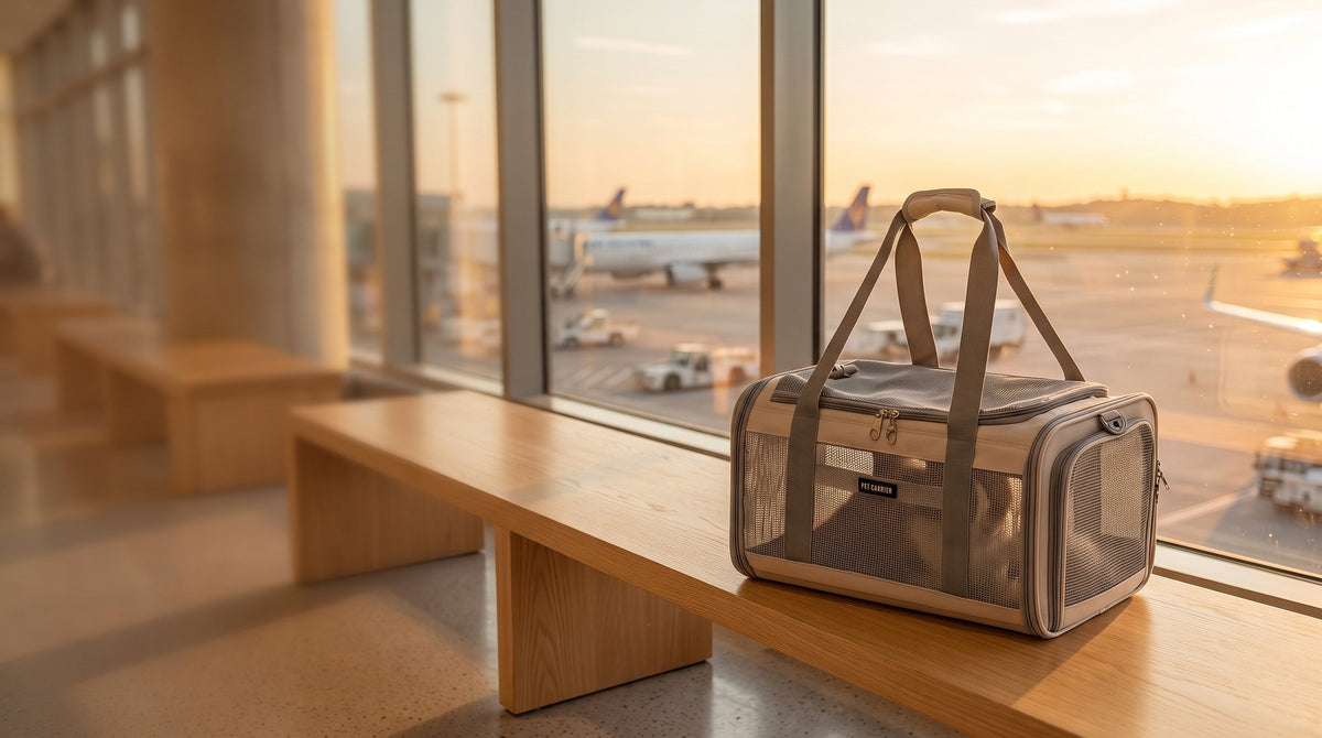 Zupawlio pet carrier on a bench by an airport window at sunset