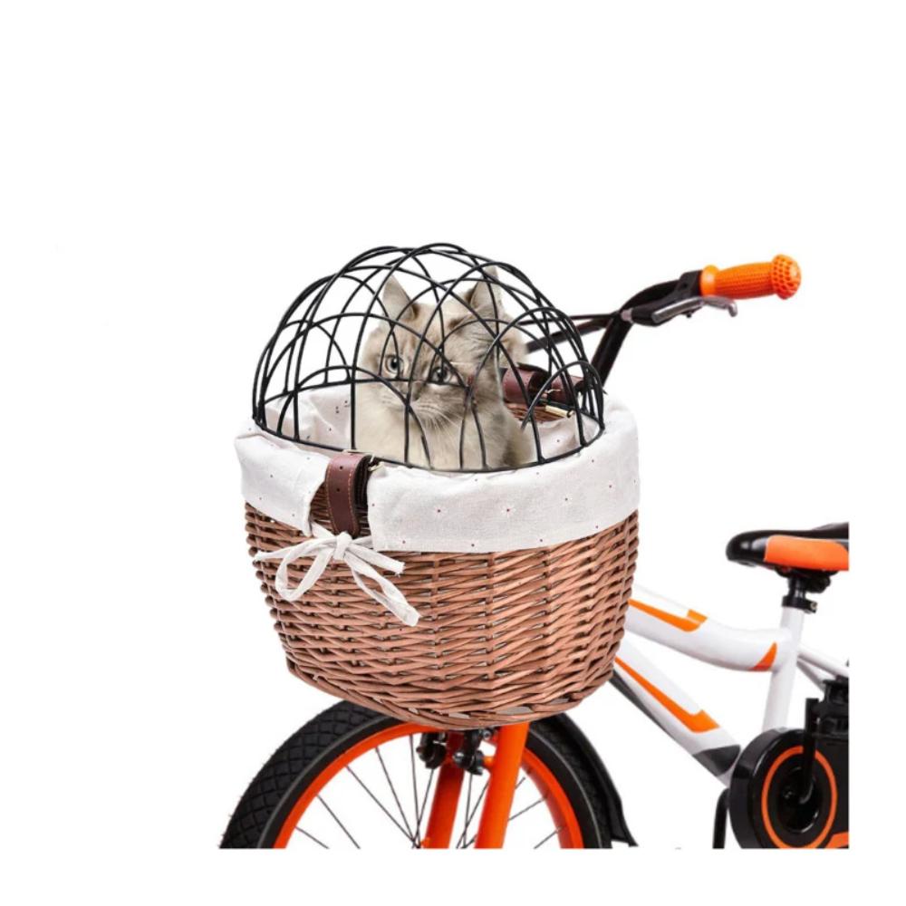 Handwoven Front Bike Basket Carrier for Cats – Stylish and Secure Pet Transport