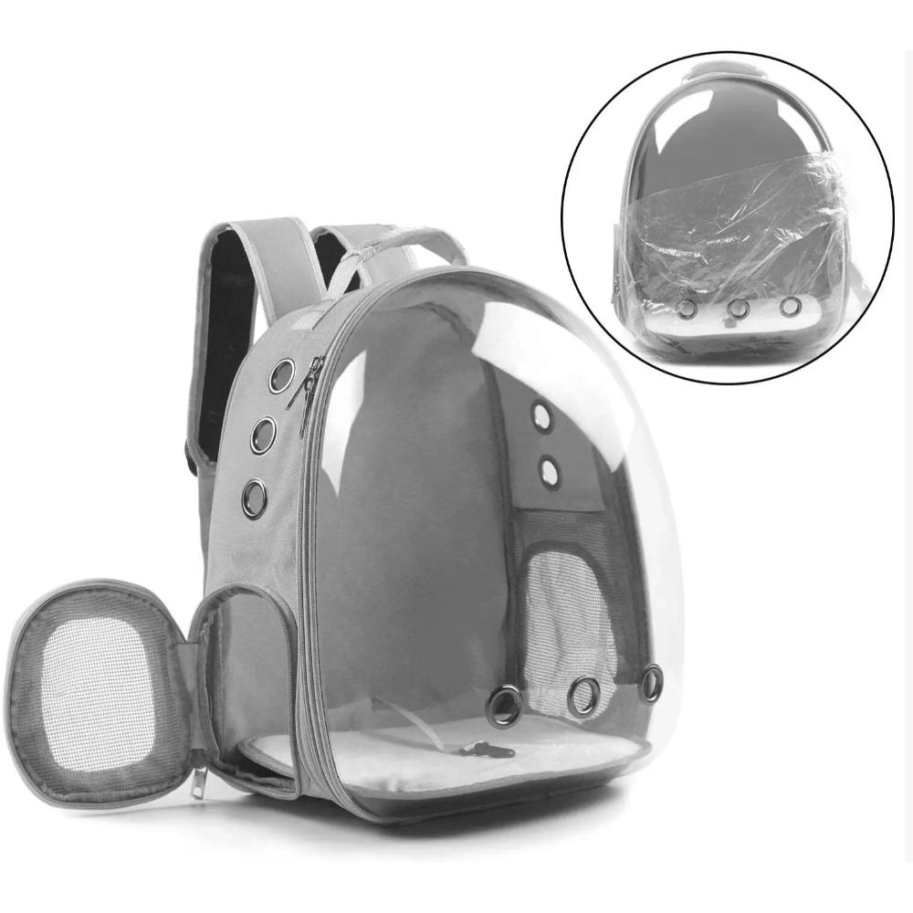 Grey Transparent Bubble Cat Backpack with the mesh side window opened