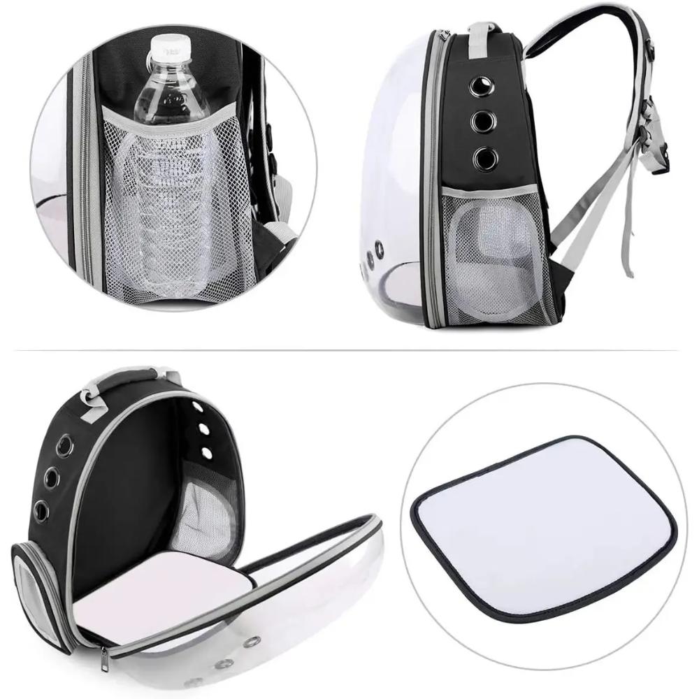 Transparent Bubble Cat Backpack details: mesh side pocket, side vents, wide-opening front and removable mat