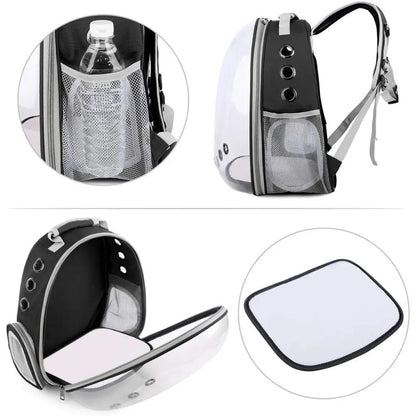 Transparent Bubble Cat Backpack details: mesh side pocket, side vents, wide-opening front and removable mat