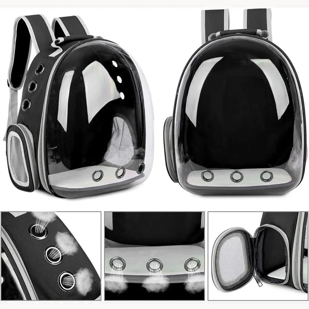 Black Transparent Bubble Cat Backpack, front and side views with close-ups of the air vents and mesh window
