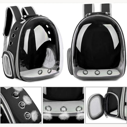 Black Transparent Bubble Cat Backpack, front and side views with close-ups of the air vents and mesh window