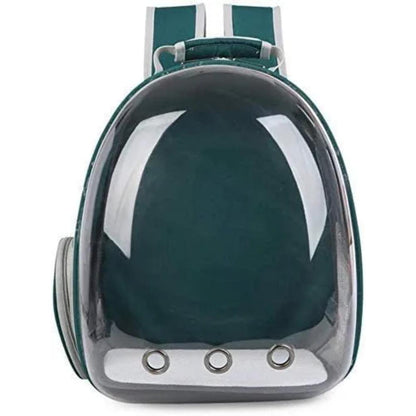 Green Transparent Bubble Cat Backpack, front view with clear bubble dome and air vents
