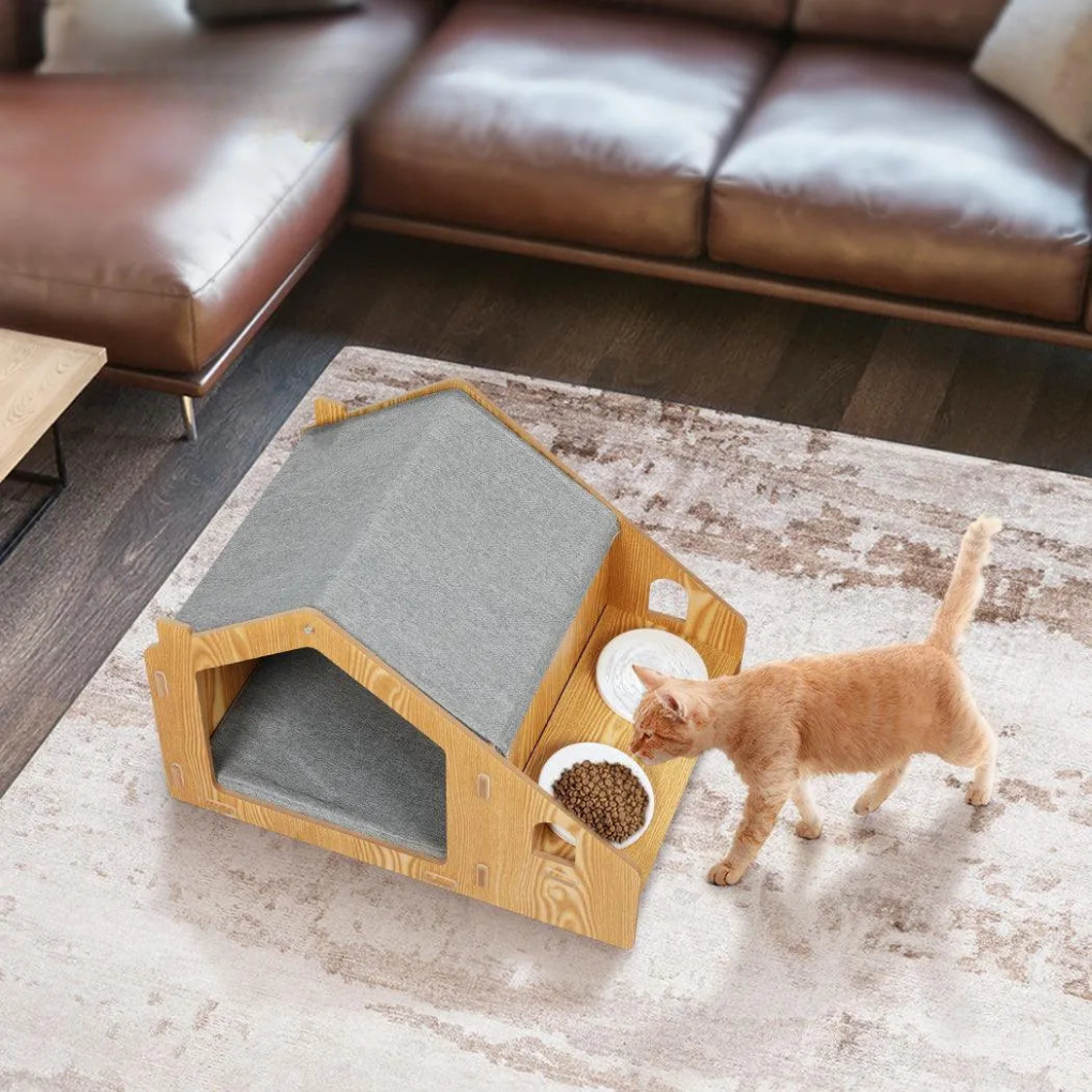 Pet Wooden Double Feeder Cat Home - Peties