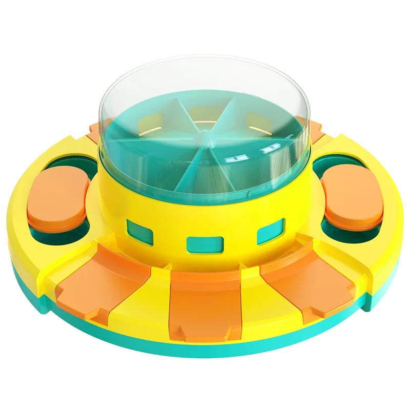 Dog Smart Feeder Toy – yellow, orange and teal puzzle feeder with clear dome, product photo