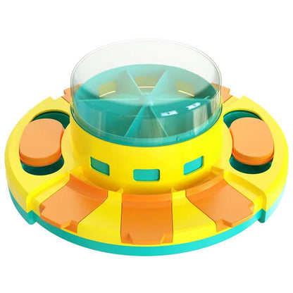 Dog Smart Feeder Toy – yellow, orange and teal puzzle feeder with clear dome, product photo