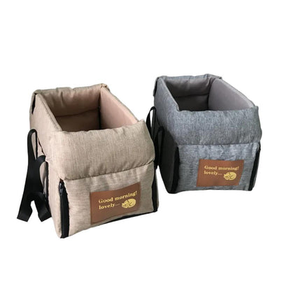 Portable console dog car seat in khaki and grey side by side