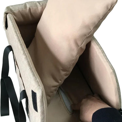 Portable console dog car seat in khaki – inside view of the padded walls and lining