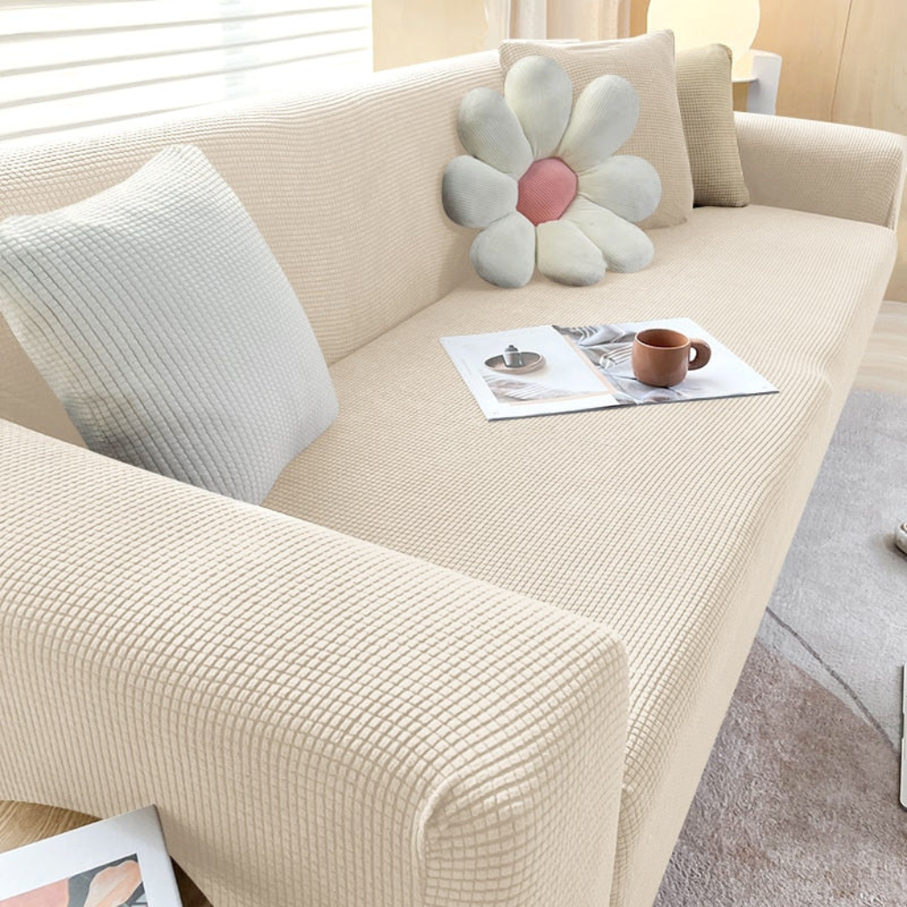 Pet Friendly Stretch Sofa Cover - Cat & Dog Proof Couch Protector – Beige White