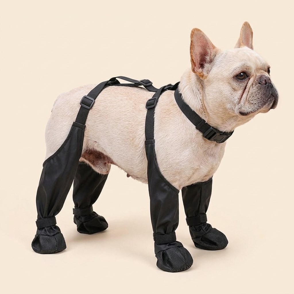 French Bulldog wearing black waterproof suspender dog boots, straps over the back, on a cream background