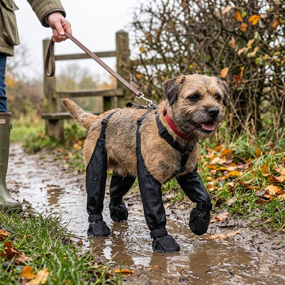Terrier walking through puddles on a muddy countryside path wearing black waterproof suspender dog boots