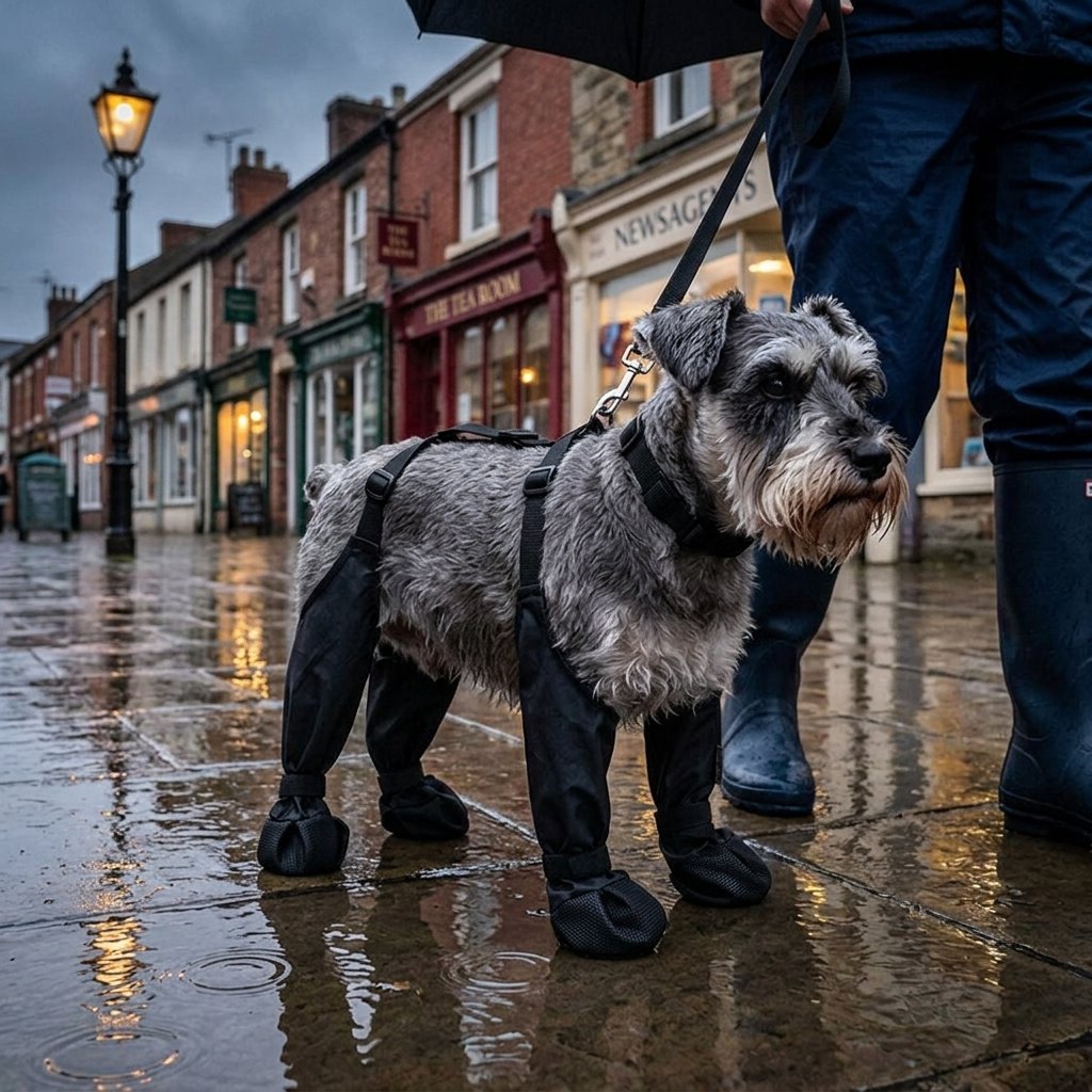 Dog on a wet town pavement in the rain wearing black waterproof suspender dog boots