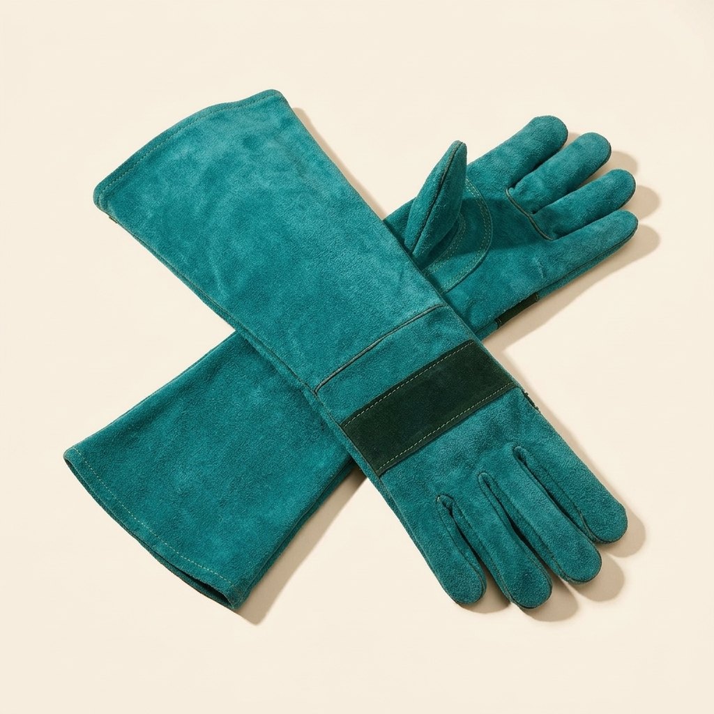 Anti-Bite and Scratch Protective Gloves – pair of green suede leather gloves with long cuffs and reinforced back of hand