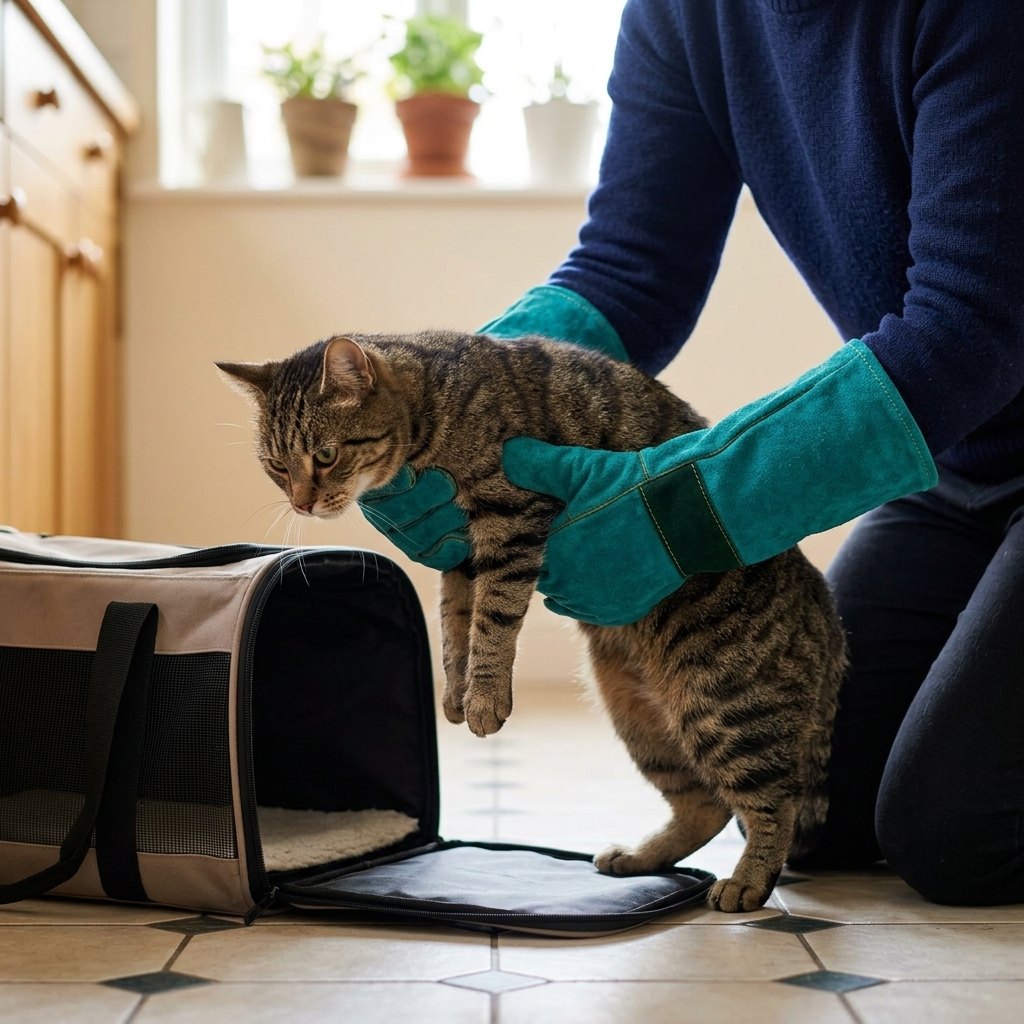 Anti-Bite and Scratch Protective Gloves – owner wearing green gloves lifting a tabby cat into a pet carrier