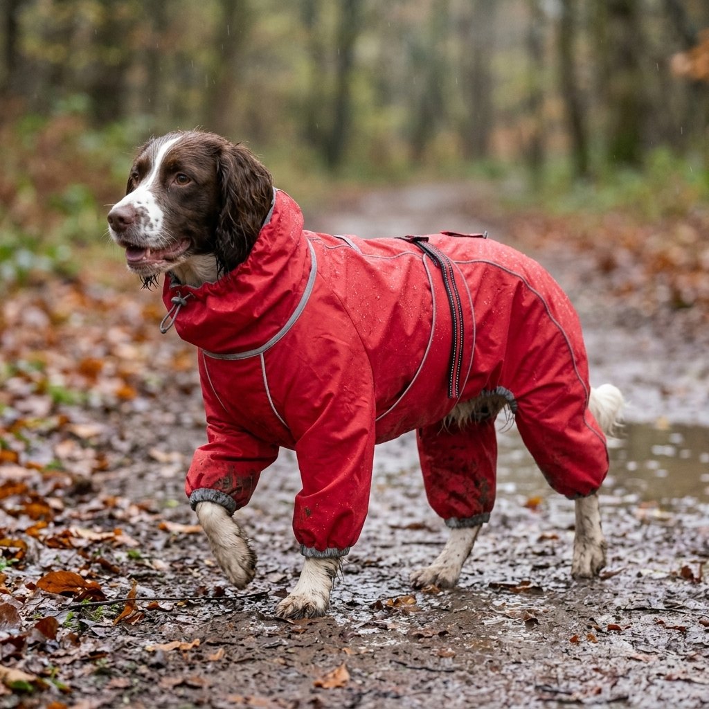 Breathable Water Resistant Dog Rain Jacket – Springer Spaniel in the red full-body rain suit on a muddy woodland path