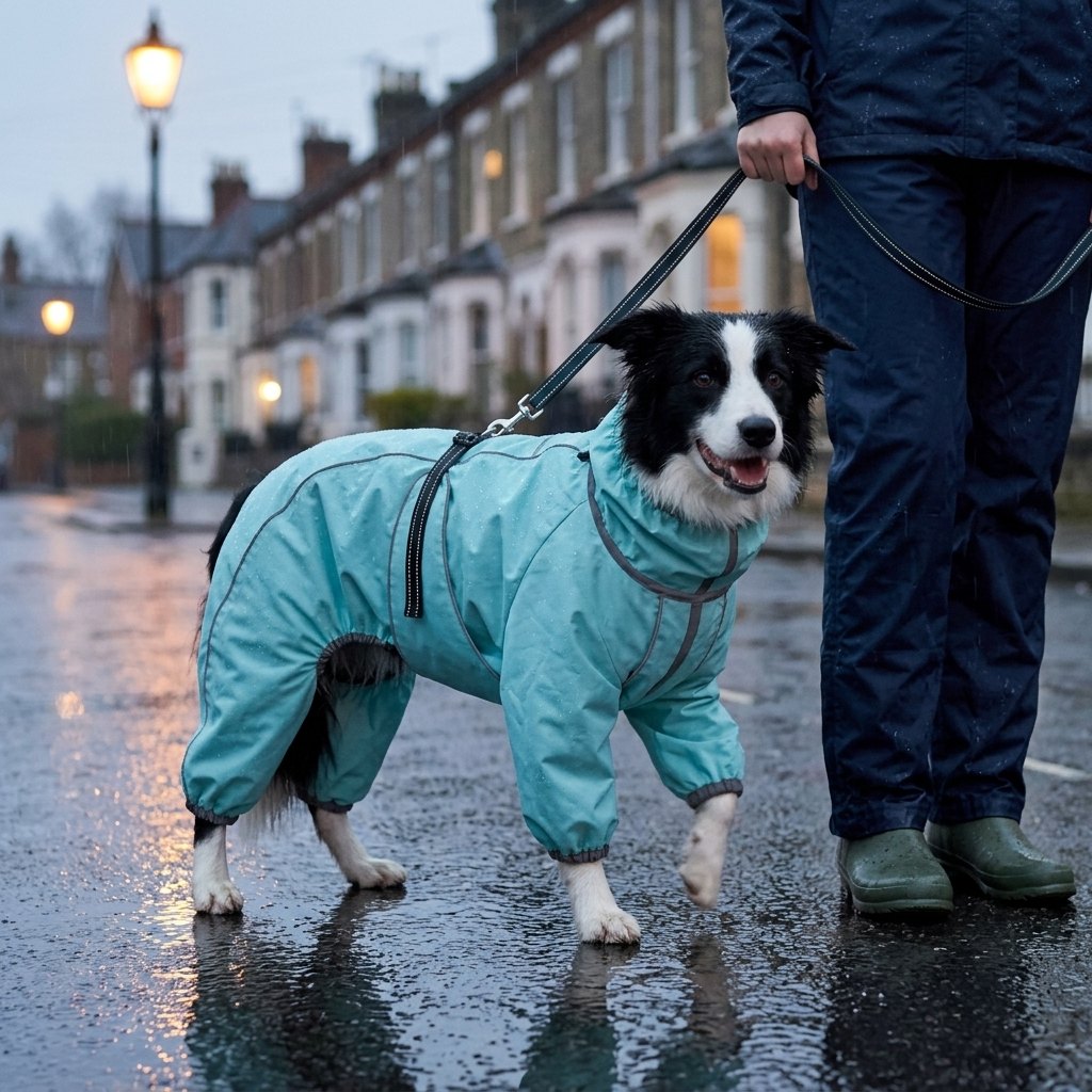 Breathable Water Resistant Dog Rain Jacket – Border Collie in the light blue rain suit on an evening walk on a wet town street