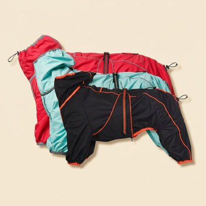 Breathable Water Resistant Dog Rain Jacket – the full-body rain suit in red, light blue and black side by side