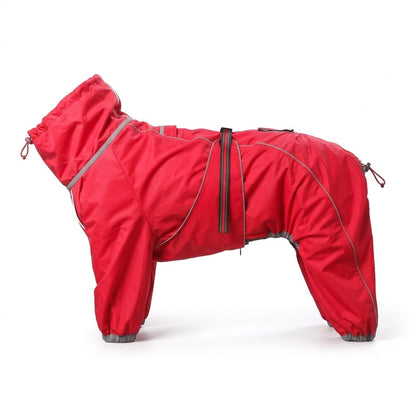 Breathable Water Resistant Dog Rain Jacket – red full-body four-leg rain suit with grey piping on a white background