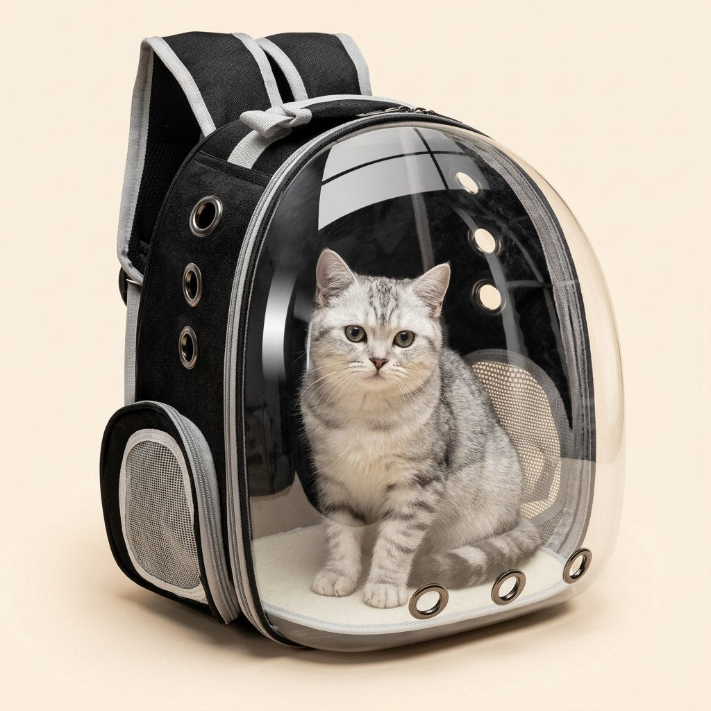 Transparent Bubble Cat Backpack in black with a silver tabby cat sitting inside, studio photo on cream background