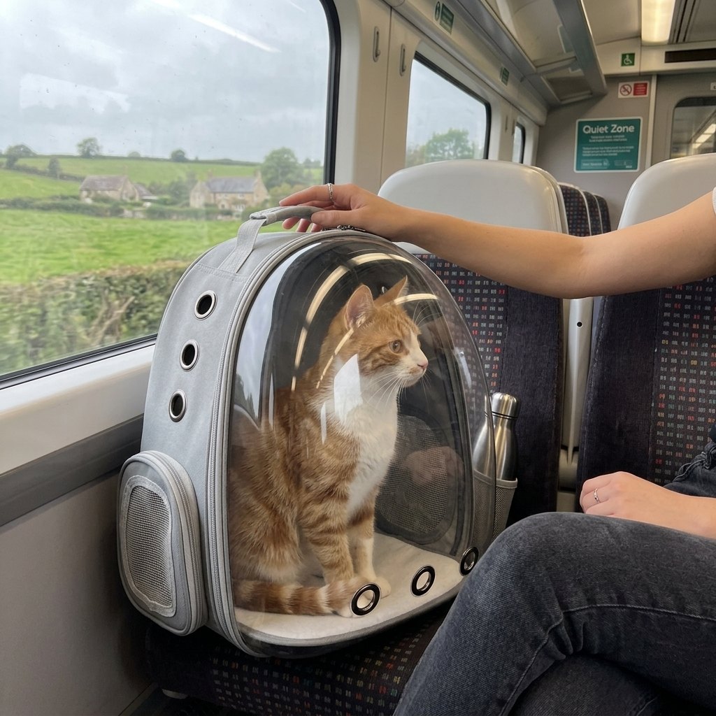Grey Transparent Bubble Cat Backpack on a train seat with a ginger cat looking out of the window
