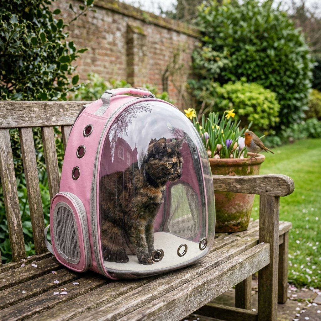 Pink Transparent Bubble Cat Backpack on a garden bench with a tortoiseshell cat watching a bird