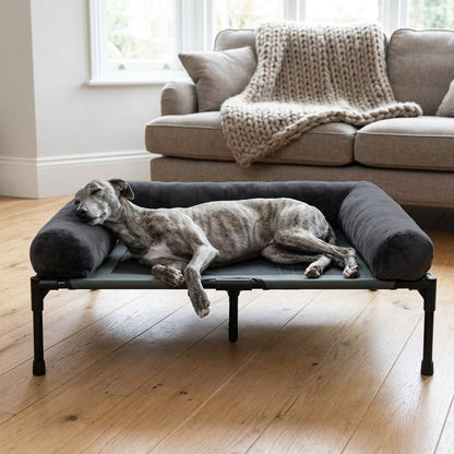 Comfortable Elevated Dog Bed Large Breed – Lurcher asleep on the raised bed in a living room