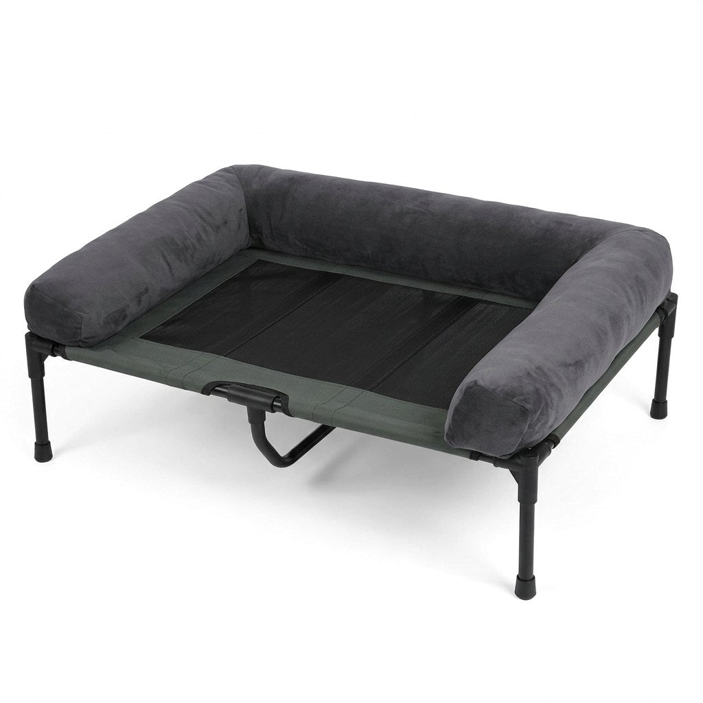 Comfortable Elevated Dog Bed Large Breed – raised dog bed with black metal frame, mesh base and three bolsters on white