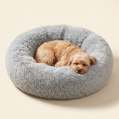 Comforting Stress Relief Pet Bed – small dog asleep in the light gray calming donut bed