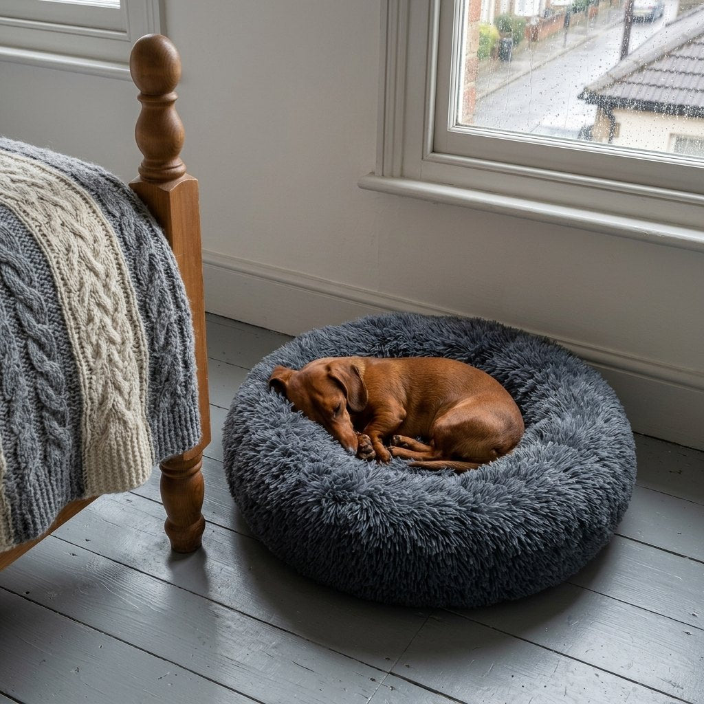 Comforting Stress Relief Pet Bed – Miniature Dachshund sleeping in the dark gray donut bed in a bedroom