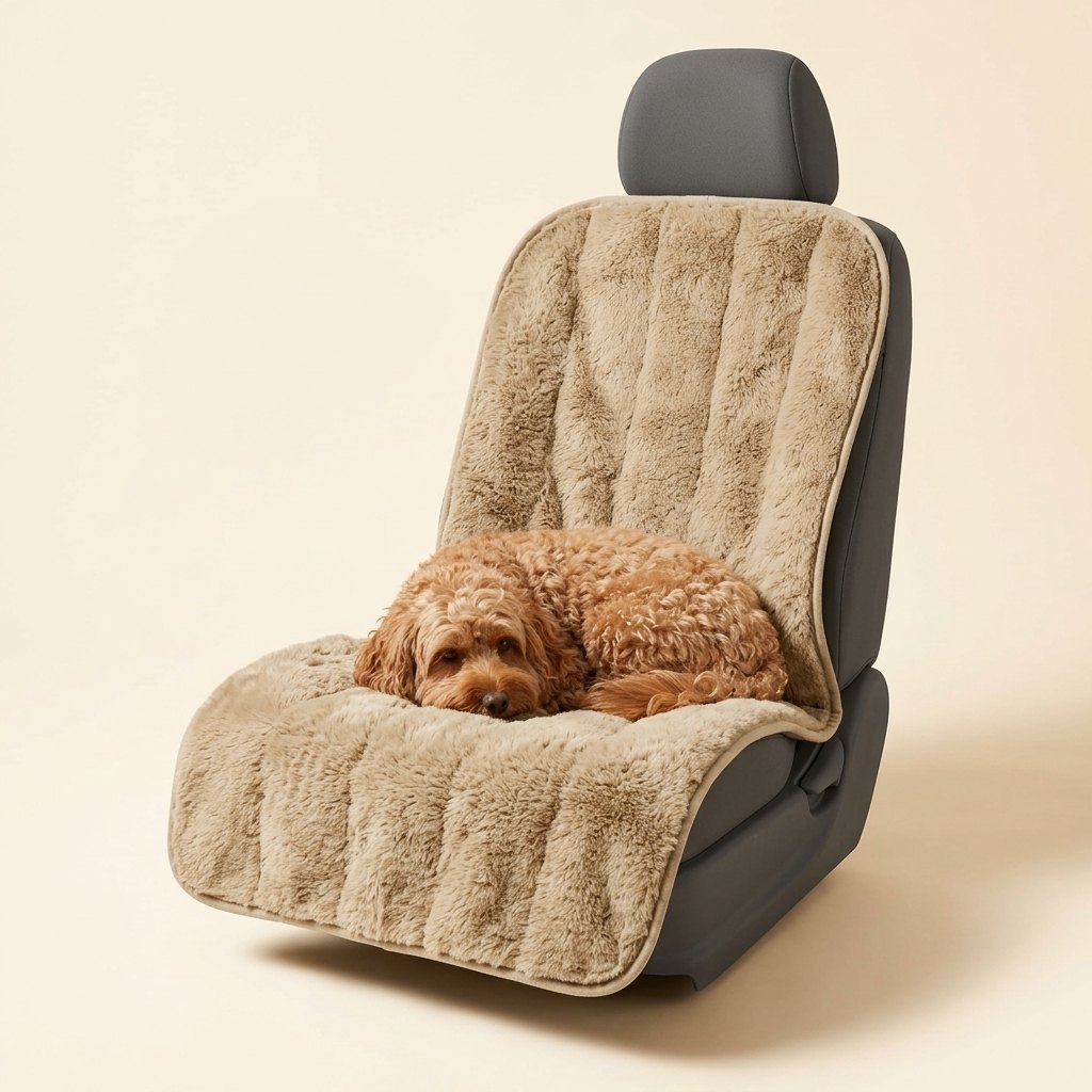 Cozy Pet Car Seat Cover Blanket Protector – dog lying on the khaki faux fur cover on a car seat