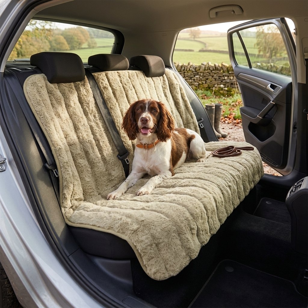 Cozy Pet Car Seat Cover Blanket Protector – Springer Spaniel on the khaki Full Seat cover across the rear bench after a countryside walk