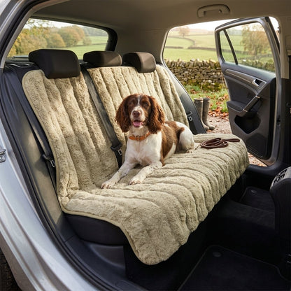 Cozy Pet Car Seat Cover Blanket Protector – Springer Spaniel on the khaki Full Seat cover across the rear bench after a countryside walk