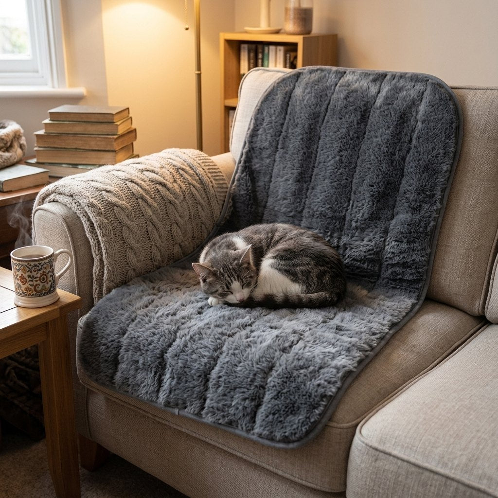 Cozy Pet Car Seat Cover Blanket Protector used as a faux fur pet blanket on a sofa at home