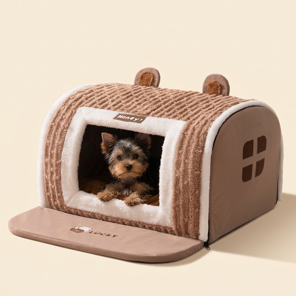 Cozy Pet House for Small to Medium Dogs – small Yorkshire Terrier resting inside the brown plush pet house