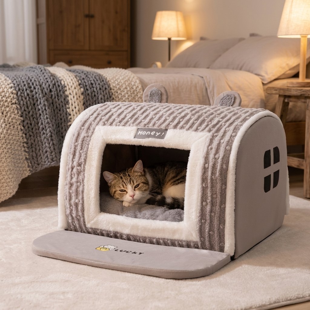 Cozy Pet House for Small to Medium Dogs – cat relaxing in the enclosed pet house in a bedroom in the evening
