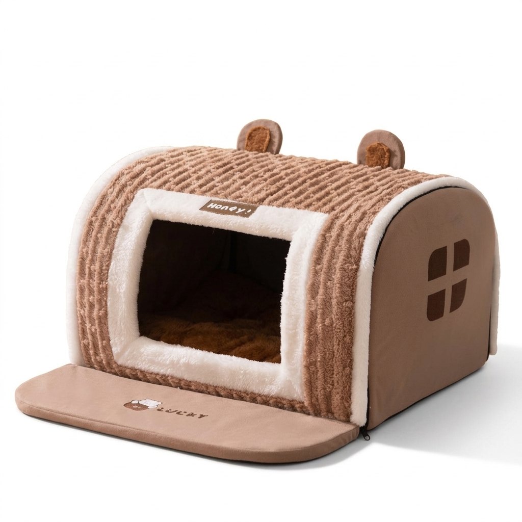 Cozy Pet House for Small to Medium Dogs in Lomi Brown – enclosed plush pet house on a white background