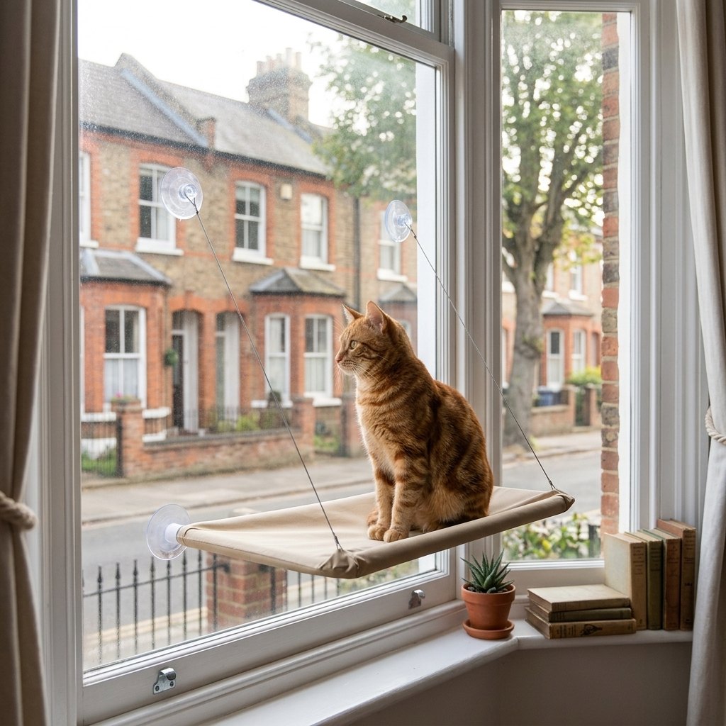 Cozy Window Cat Bed – ginger tabby cat watching the street from the hammock on a bay window