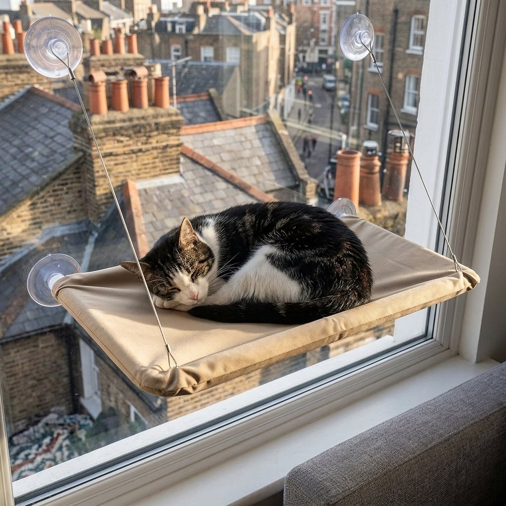 Cozy Window Cat Bed – black-and-white cat napping in the sun on the window hammock in a flat