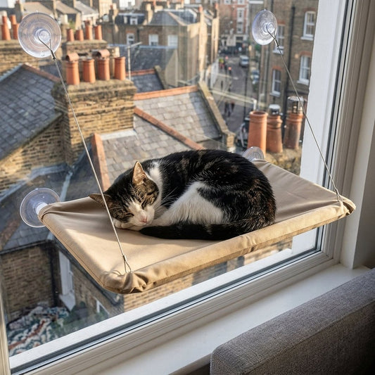 Cozy Window Cat Bed – black-and-white cat napping in the sun on the window hammock in a flat