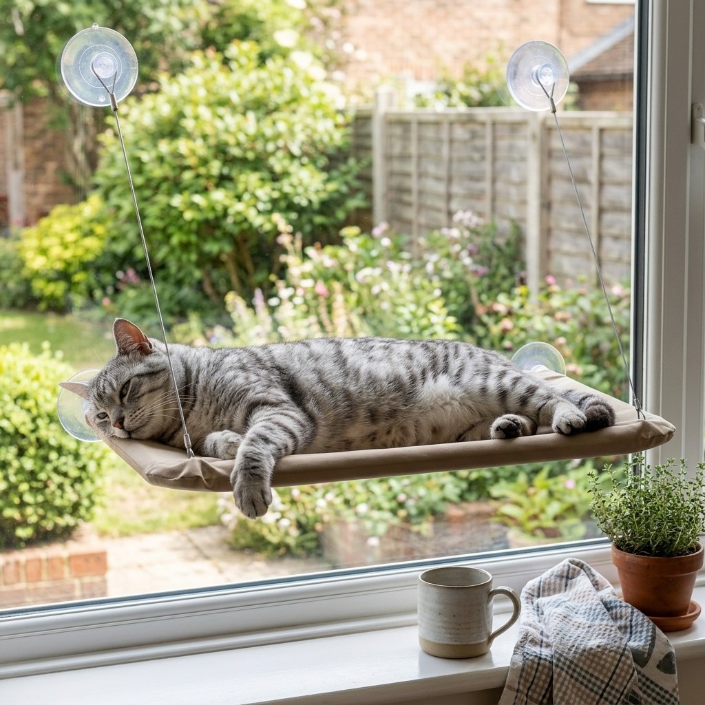 Cozy Window Cat Bed – adult tabby cat stretched out full length on the 55 x 35 cm window hammock, side view