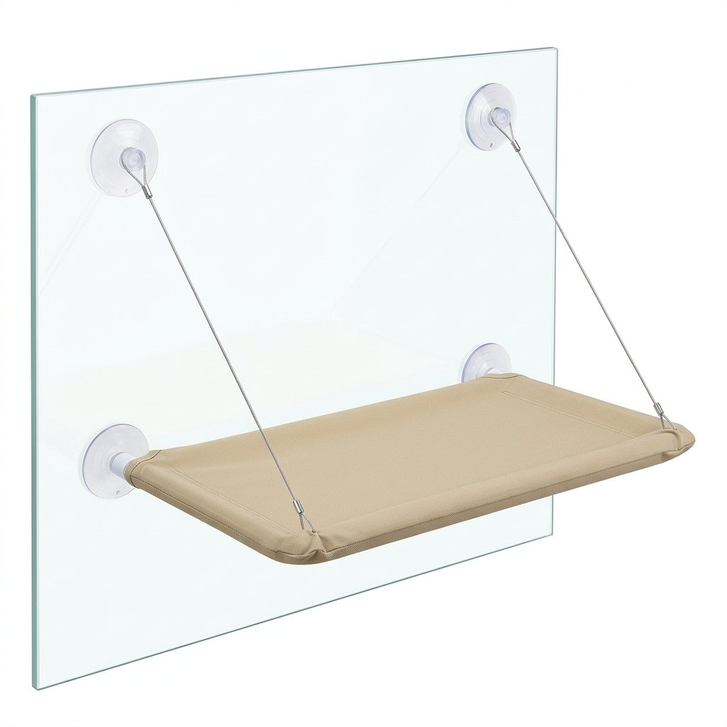 Cozy Window Cat Bed – beige suction-cup window hammock with metal frame and steel cables on a white background