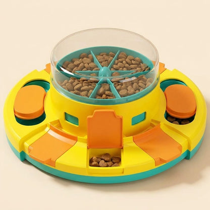 Dog Smart Feeder Toy – interactive dog puzzle feeder with kibble in the clear dome and one orange lid lifted