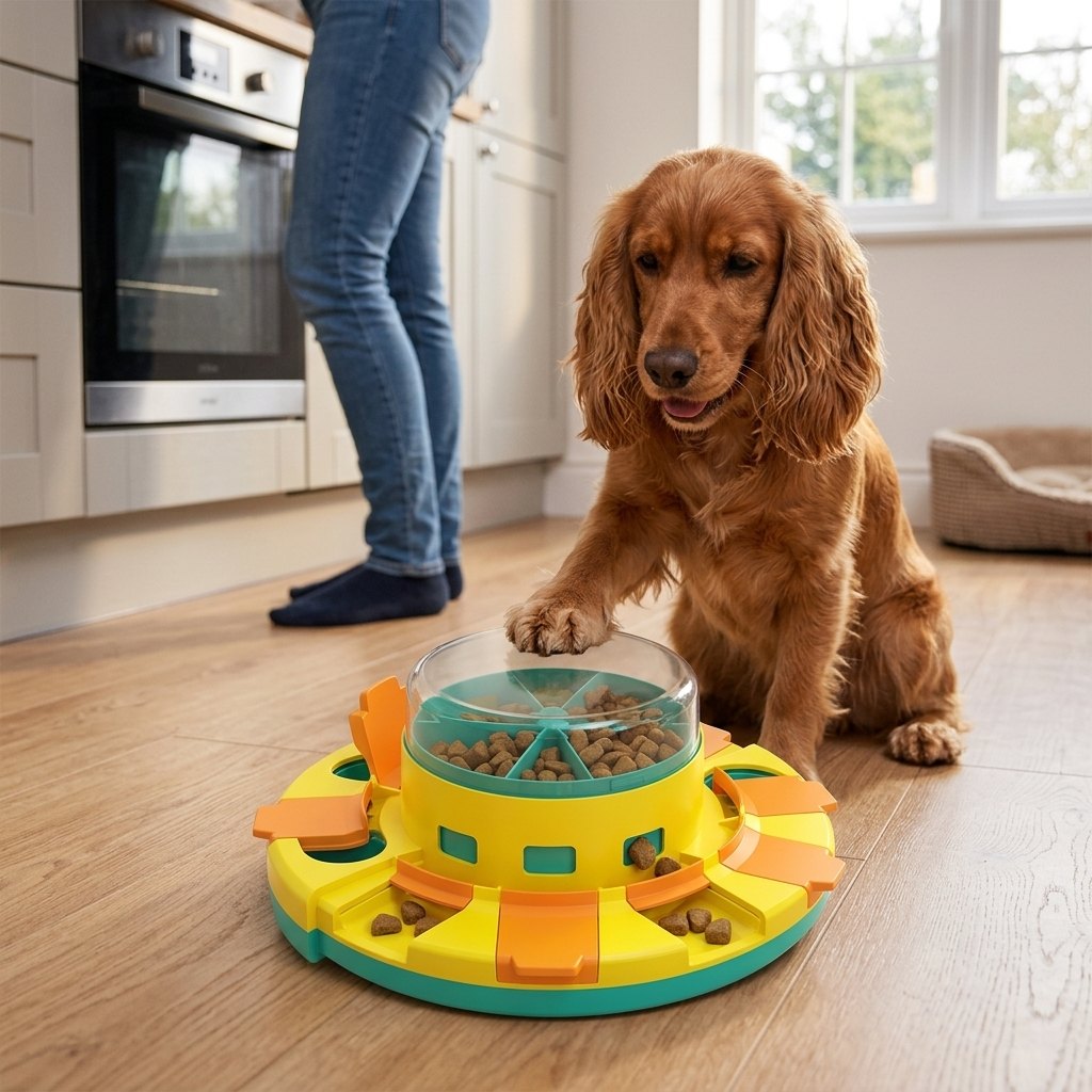 Dog Smart Feeder Toy – Cocker Spaniel pressing the clear dome of the puzzle feeder at mealtime in a kitchen