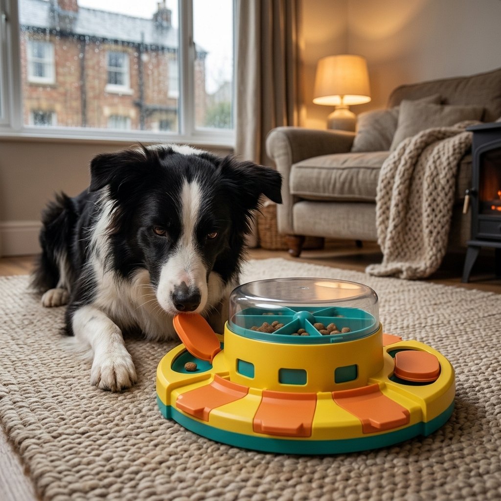 Dog Smart Feeder Toy – Border Collie lifting an orange lid with its nose on a rainy day indoors