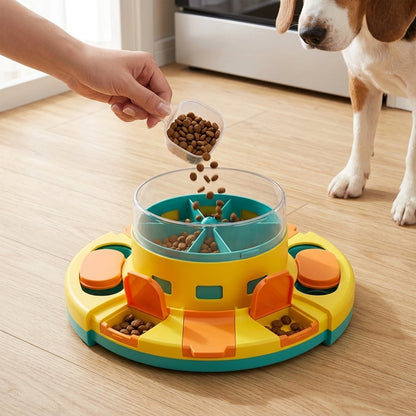 Dog Smart Feeder Toy – owner pouring kibble into the dome, showing the toy's size next to a Beagle's paws