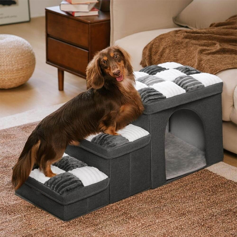 Wooden Pet Stairs with Storage and Hideaway