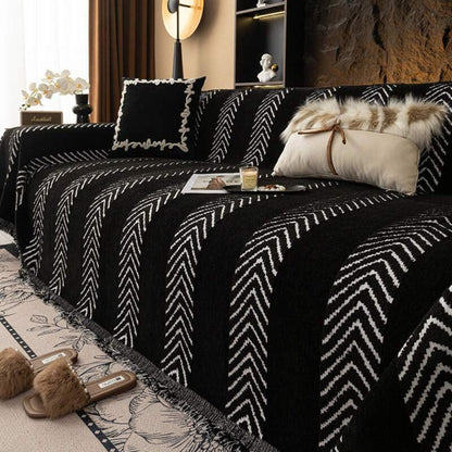 Large Monochrome Jacquard Sofa Blanket for Pet Protection – Black